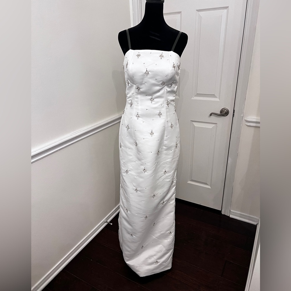 White strapless gown with crystals- with sleeveless cape jacket